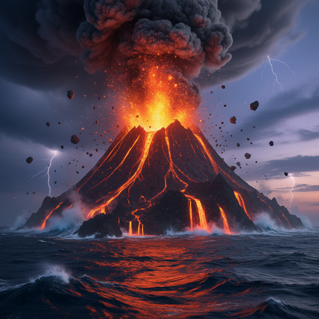 A towering volcanic island erupts violently, molten lava cascading down jagged cliffs into a stormy ocean, illuminated by fiery orange glow against a twilight sky. Dense ash clouds swirl dramatical...