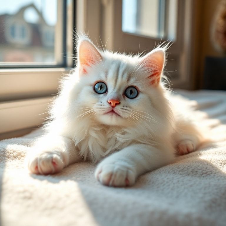 A cute fluffy long-haired white cat with bright blue eyes, lying on a soft cream-colored blanket in a sunlit window. The cat is looking directly at the viewer with a curious expression. Highly detailed photorealistic style, bright and warm lighting, 1024x1024 pixels