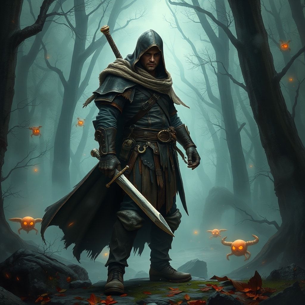 A lone fantasy warrior, clad in weathered leather armor and a tattered cloak, stands amidst a dense, mist-shrouded forest, his sword drawn, ready for battle. The forest is alive with eerie, glowing...