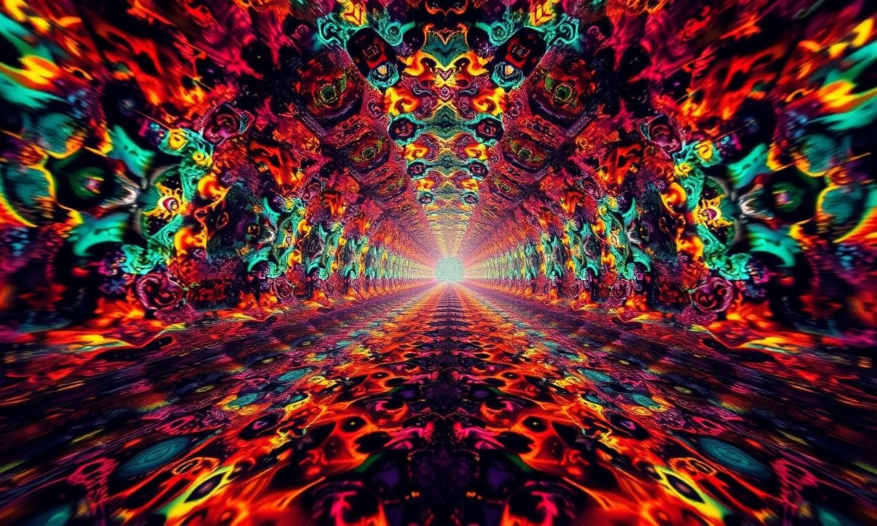 A surreal, kaleidoscopic tunnel of fractal patterns and vibrant hues, stretching infinitely into the distance, bathed in dramatic studio lighting with sharp focus on the foreground, creating a mesm...
