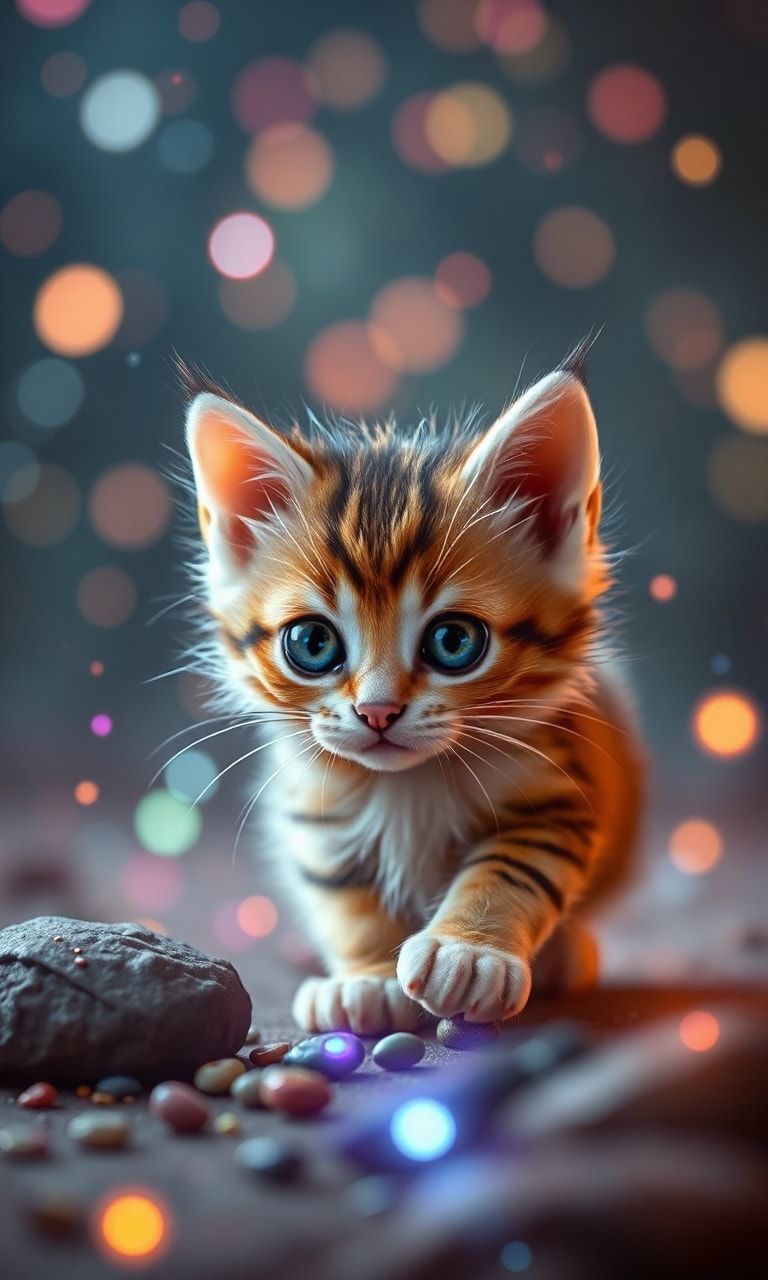 Tiny kitty, fantasy style, filmic score like