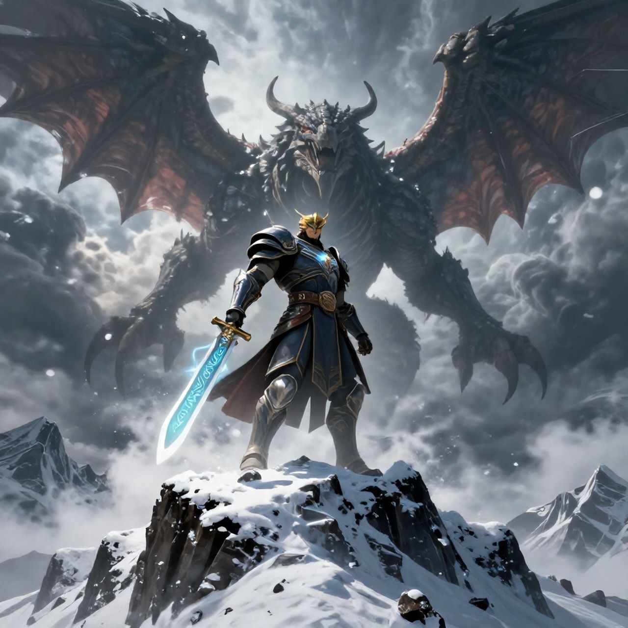 A towering, armored warrior stands atop a snow-capped peak, wielding a glowing rune-etched blade as a colossal, scaled beast descends from storm-wracked skies, its wings casting jagged shadows over...