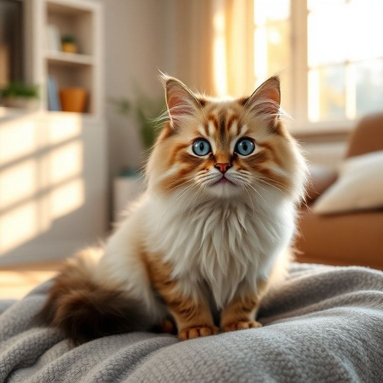 A cute, fluffy long-haired cat with bright blue eyes, sitting on a soft gray blanket in a cozy living room with warm sunlight streaming through a window, realistic photorealistic style, high detail, 1024x1024 pixels