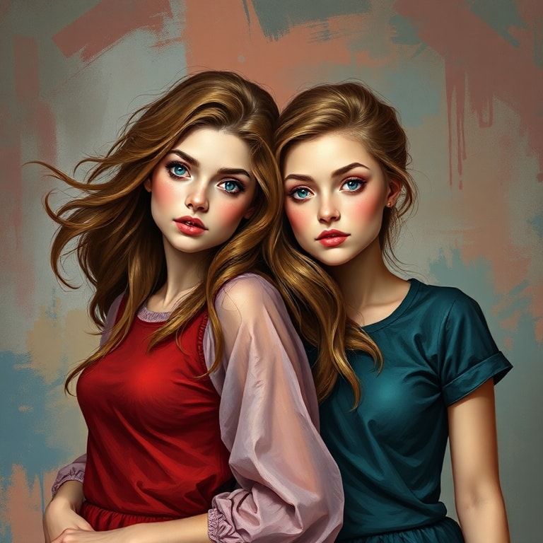 2 девушки 16 лет с ростом 100 галактик имеют худые талии ,у них гигантская грудь и одна девушка стоит под второй так ,что ее гигантская декольте лежит на голове первой девушки и они сексуальные корейки