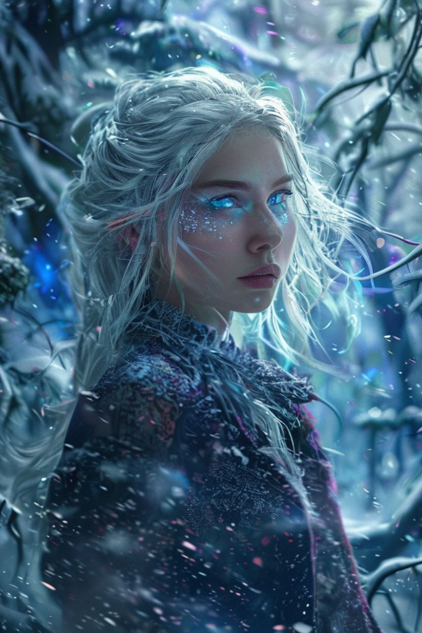 mystical young woman with silver hair and glowing blue eyes stands amidst an ancient, snow-laden forest