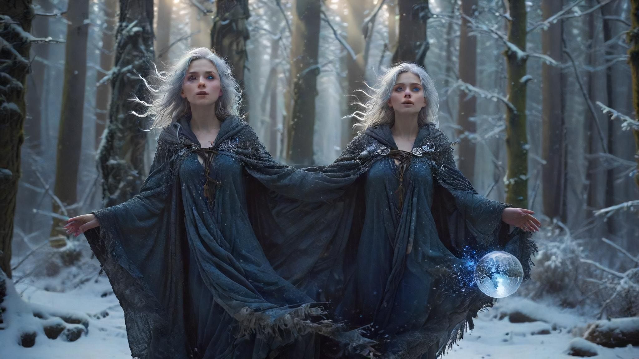 A mystical young woman with silver hair and glowing blue eyes stands amidst an ancient, snow-laden forest, her tattered cloak billowing in the icy wind as she gazes at a floating orb of ethereal li...