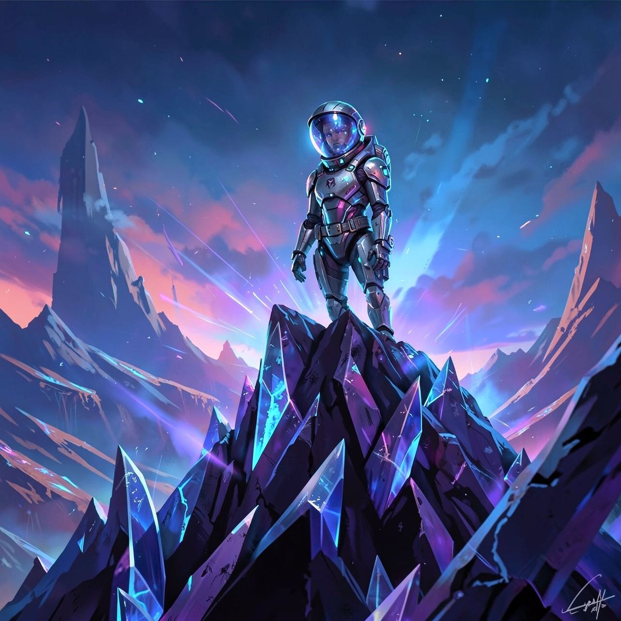 A lone astronaut in a sleek, futuristic exosuit stands atop a towering, razor-sharp crystalline ridge on a distant alien world, their helmet visor reflecting the haunting, ethereal glow of twin bio...