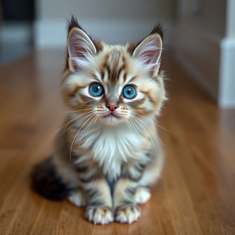 A cute and fluffy cat with bright blue eyes, sitting on a wooden floor, looking at the camera, realistic photorealistic style, high quality, 1024x1024 pixels