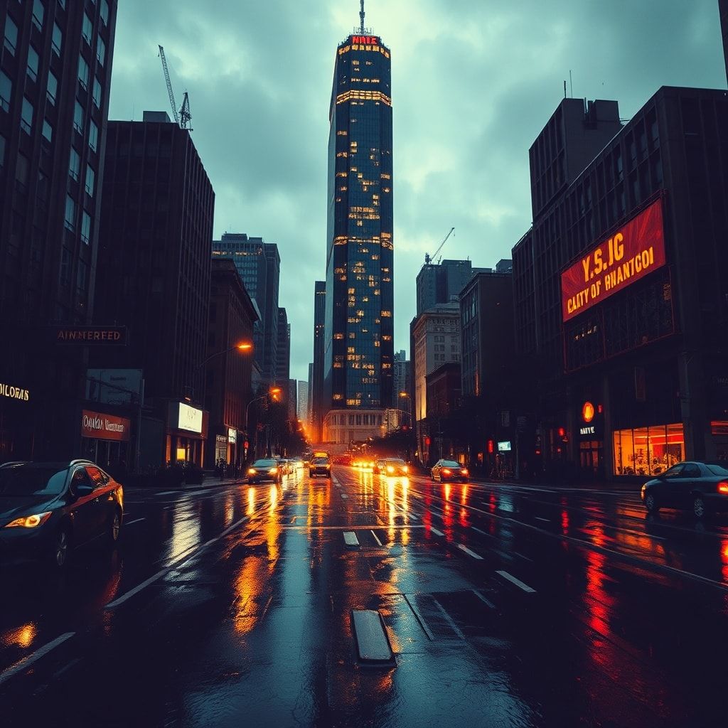 A towering skyscraper looms over a rain-slicked city at golden hour, its neon-lit windows casting jagged reflections on wet pavement, bathed in high-contrast noir lighting with deep shadows and a s...