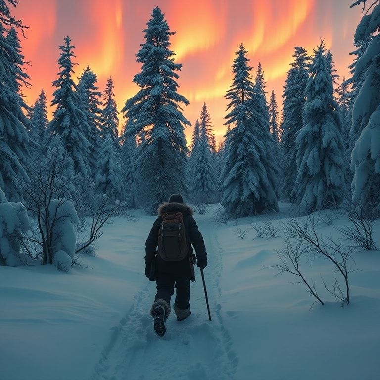 A lone frostbitten traveler in tattered furs trudges through a snow-laden forest at dusk, their breath visible in the crisp air, as ethereal auroras dance above towering ice-covered pines, casting ...