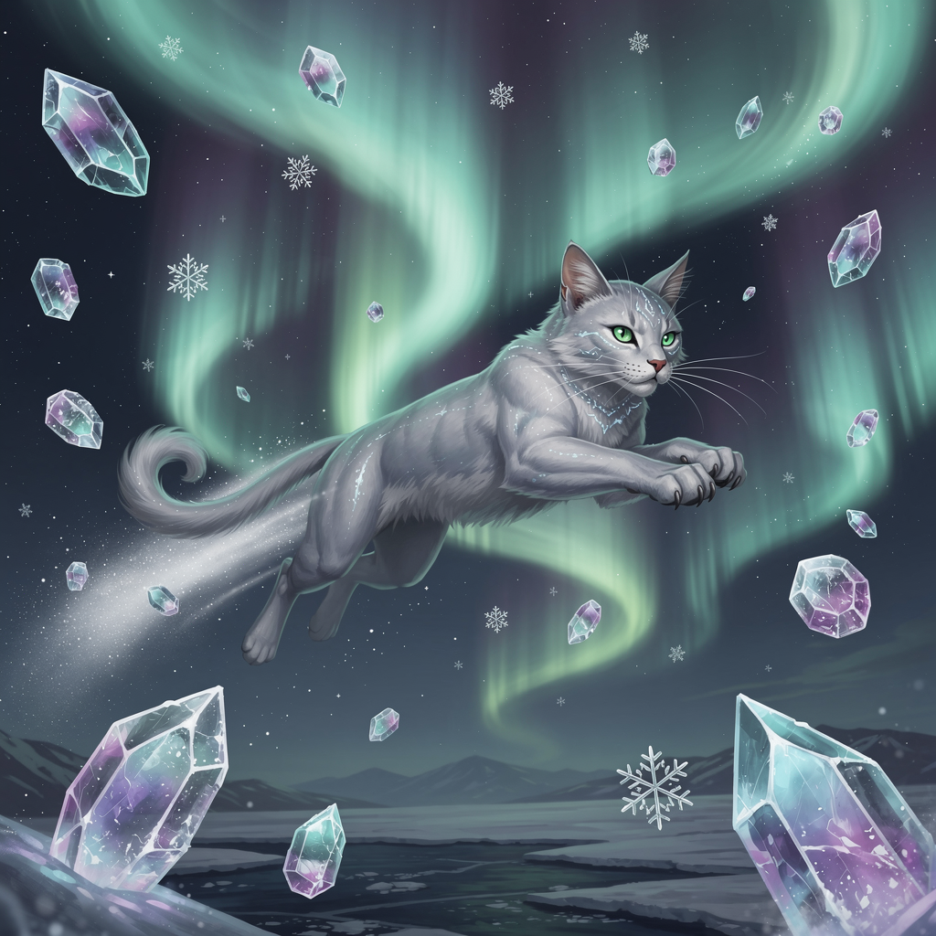 A majestic silver-furred feline with glowing emerald eyes leaps gracefully through a swirling aurora borealis, its tail trailing like a comet, surrounded by floating ice crystals and shimmering snow