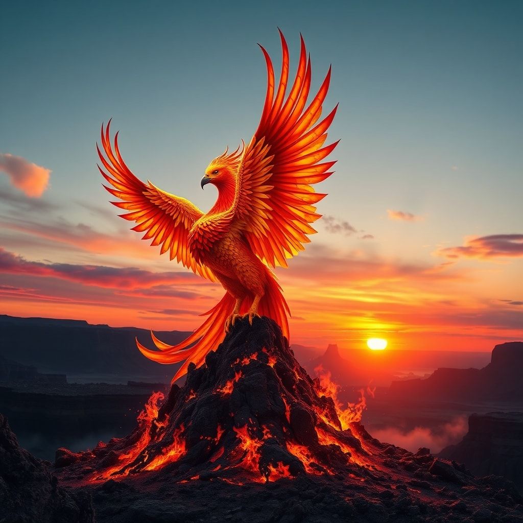 A majestic phoenix, its feathers ablaze with golden and crimson hues, rises from a smoldering ash mound in a vast, desolate canyon at dusk, backlit by a fiery sunset casting long shadows, with dram...