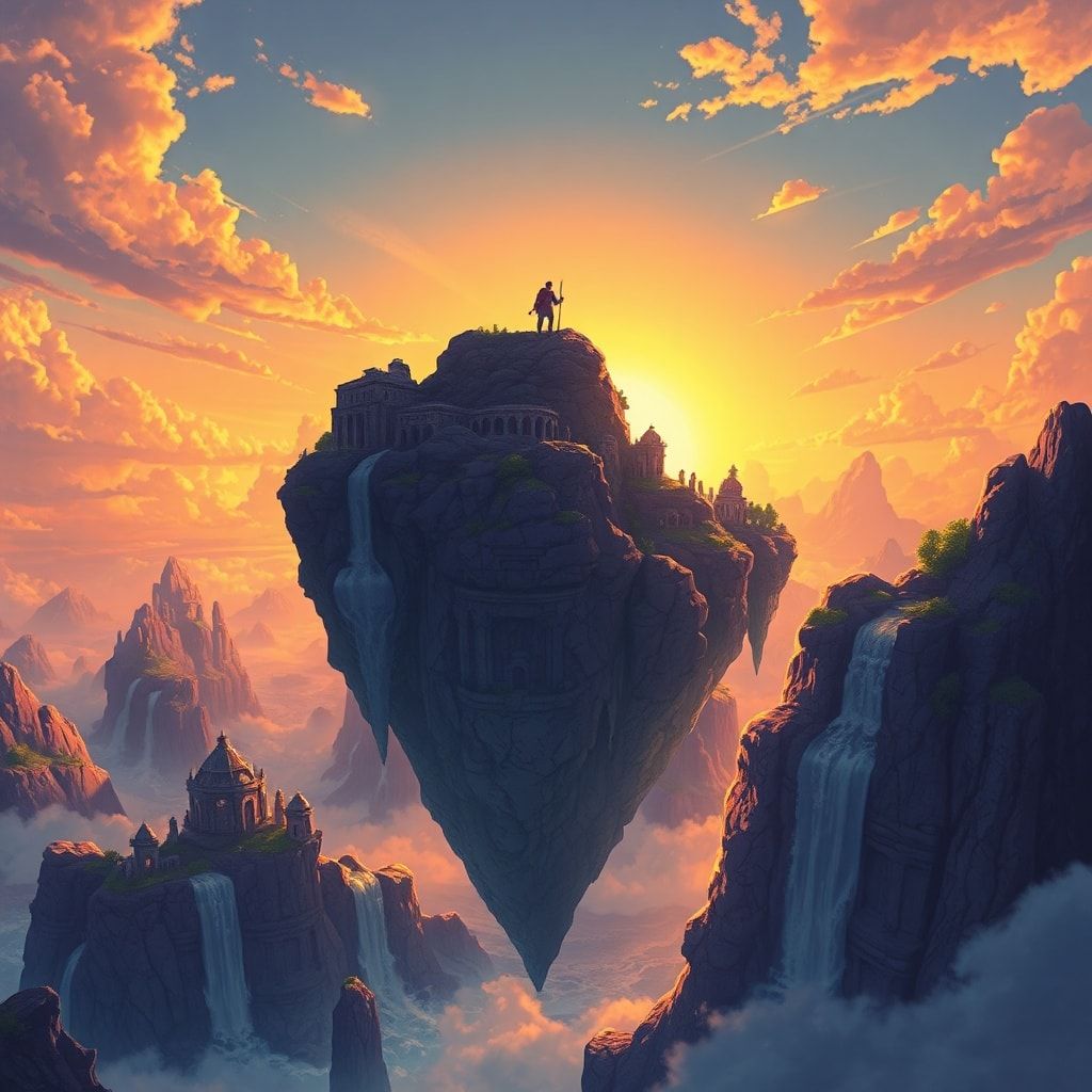 A vast expanse of floating islands drifts through a golden twilight sky, their jagged cliffs adorned with ancient ruins and cascading waterfalls. A lone adventurer stands atop the highest peak, sil...