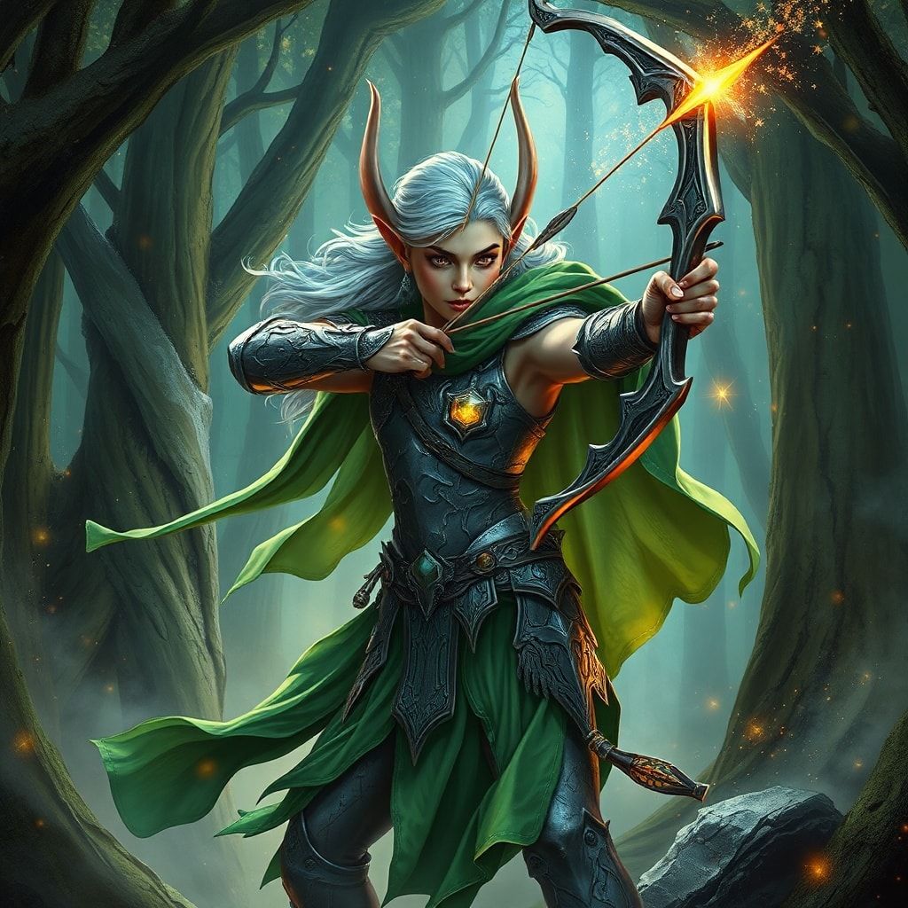 A majestic elven archer, adorned in intricate silver armor and flowing emerald cloaks, draws back a luminous bowstring, releasing an arrow that trails stardust through the ancient, mist-laden fores...