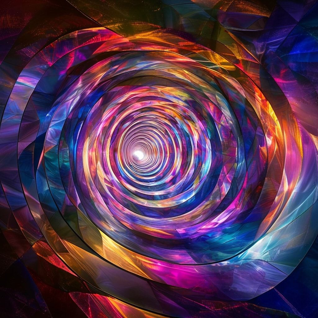 A surreal, kaleidoscopic tunnel spirals endlessly, its walls pulsing with vibrant geometric patterns that shift and refract light like stained glass. Soft, ethereal glow illuminates the path, casti...