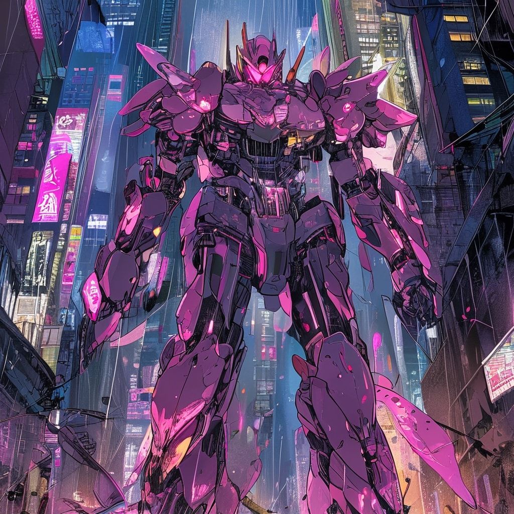 A delicate shoujo manga-style mecha with flowing, petal-like armor stands amidst a rain-soaked neon city, its glowing pink eyes reflecting shattered skyscrapers as it cradles a wounded enemy pilot ...