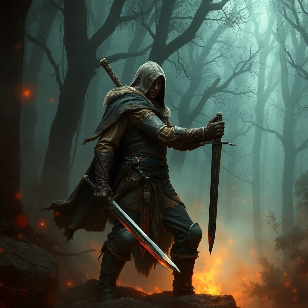 A lone fantasy warrior, clad in weathered leather armor and a tattered cloak, stands amidst a dense, mist-shrouded forest, his sword drawn, ready for battle. The forest is alive with eerie, glowing...