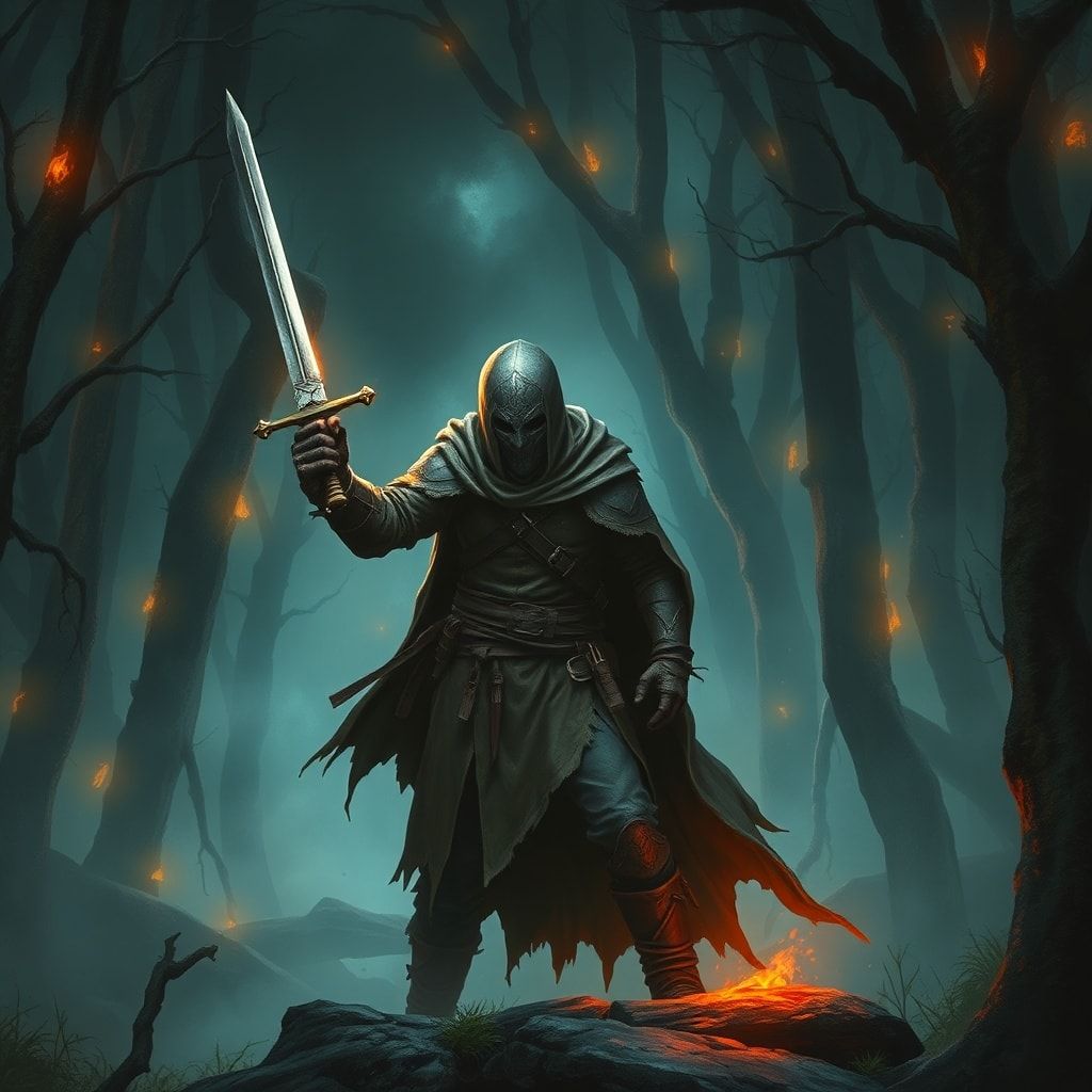 A lone fantasy warrior, clad in weathered leather armor and a tattered cloak, stands amidst a dense, mist-shrouded forest, his sword drawn, ready for battle. The forest is alive with eerie, glowing...