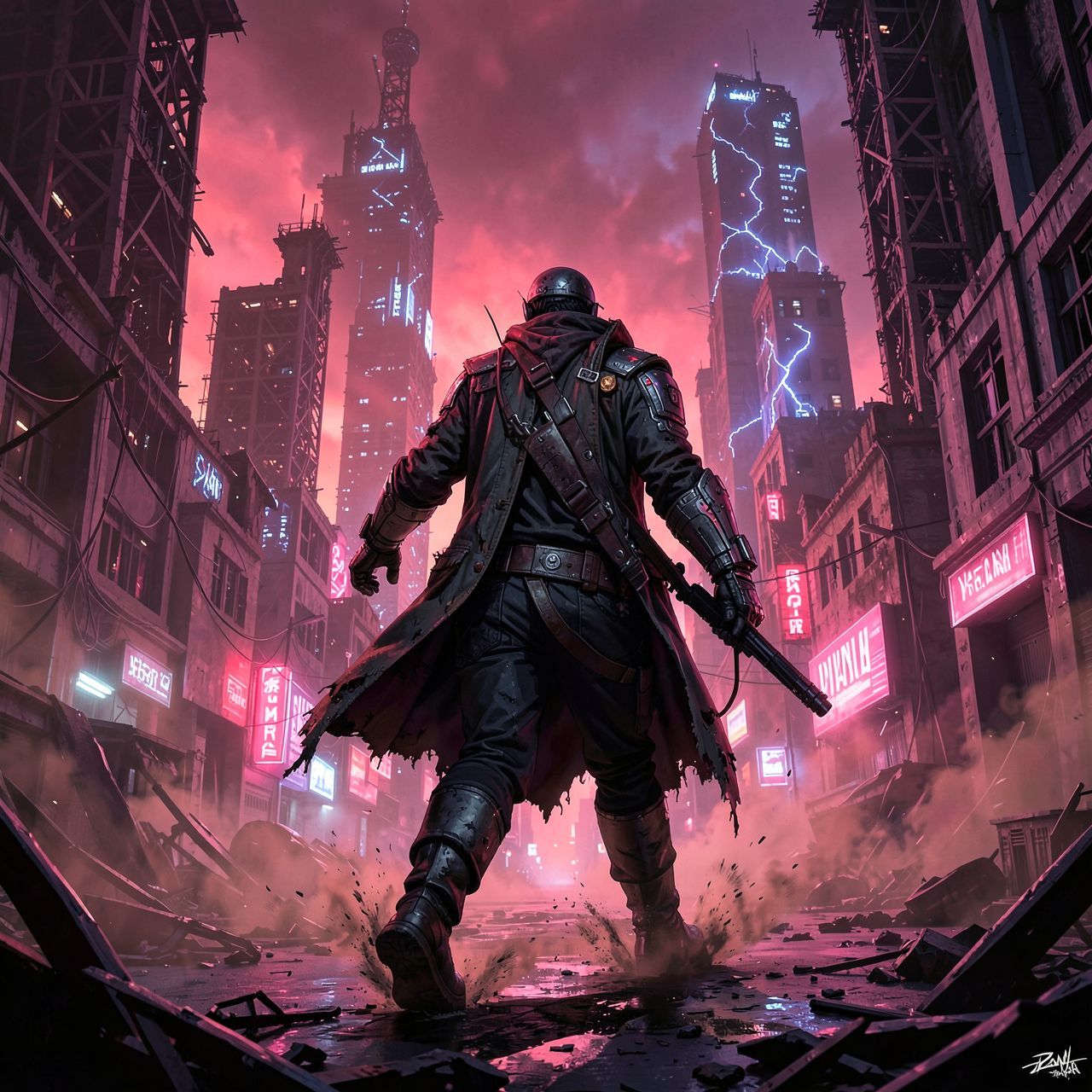 A lone cyberpunk wanderer in a tattered, high-tech coat strides through a neon-drenched apocalypse, their boots kicking up dust as skeletal skyscrapers hum with eerie electric life beneath a crimso...