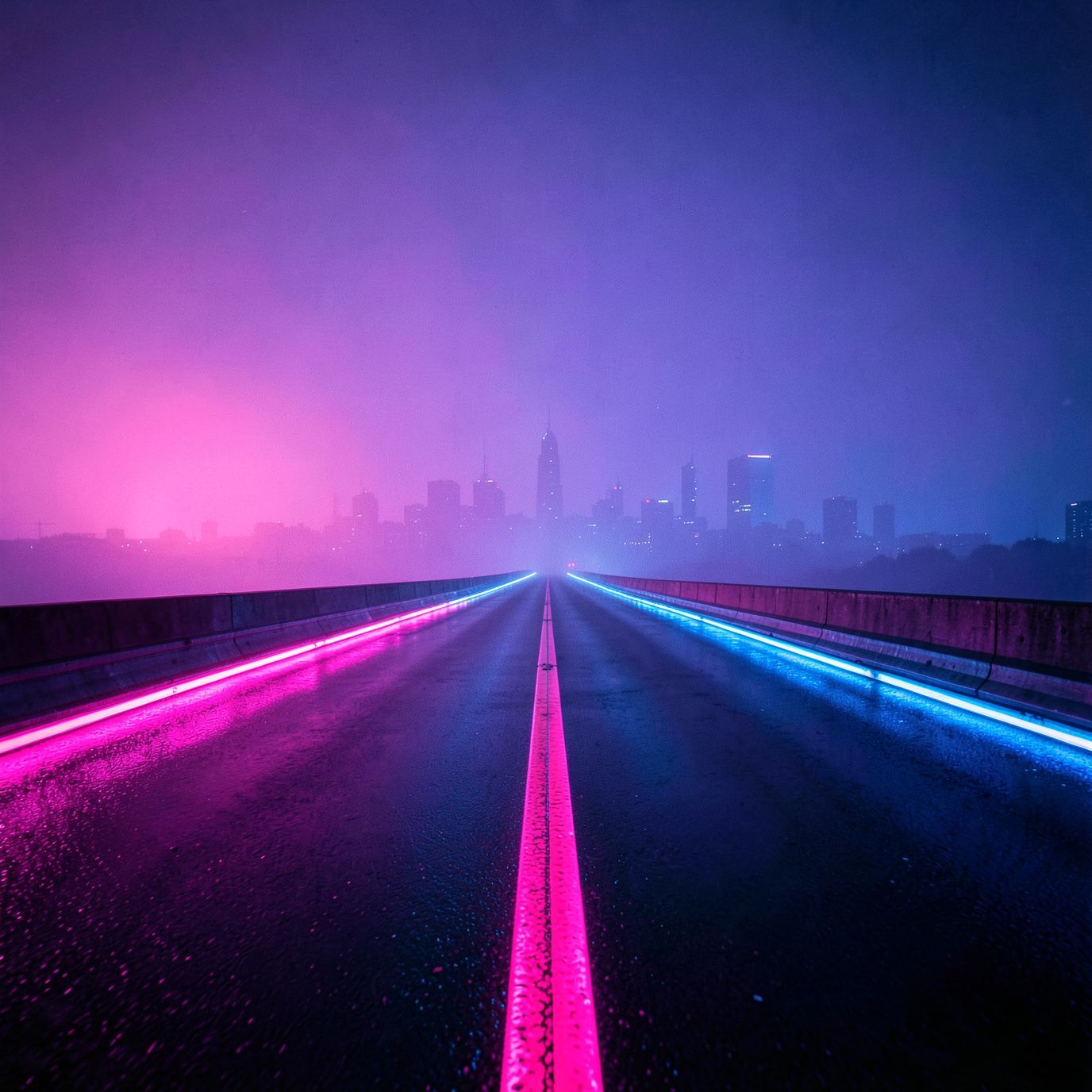 A cinematic synthwave scene at night: a long, empty futuristic road dominates the foreground, glowing with neon pink and electric blue light. Wet asphalt reflects the neon glow, creating strong symmetrical reflections and a sense of motion and depth. In the far distance, a futuristic city skyline is barely visible through thick violet-blue fog, reduced to soft silhouettes with no visible details. The focus is entirely on the road and atmosphere, not the buildings. The mood is lonely, epic, and retro-futuristic, inspired by synthwave aesthetics. 80s cyberpunk mood, neon haze, minimal city presence, wide-angle perspective, cinematic lighting, retro-futurism, ultra-detailed, high contrast, album cover, 4K, no text, no signs, no billboards, no letters, no symbols, no logos.