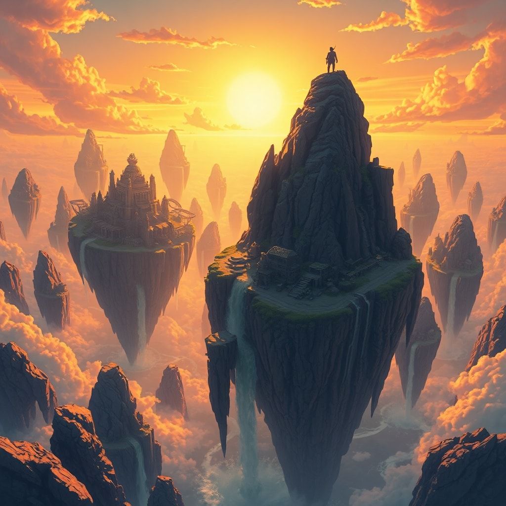 A vast expanse of floating islands drifts through a golden twilight sky, their jagged cliffs adorned with ancient ruins and cascading waterfalls. A lone adventurer stands atop the highest peak, sil...