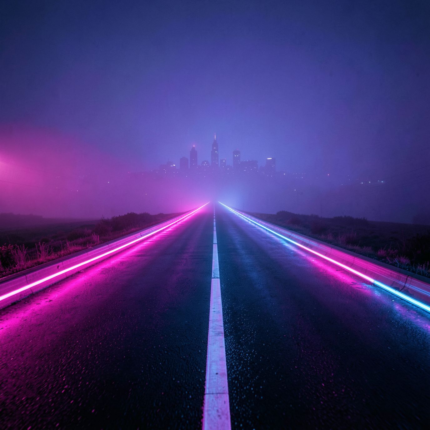 A cinematic synthwave scene at night: a long, empty futuristic road dominates the foreground, glowing with neon pink and electric blue light. Wet asphalt reflects the neon glow, creating strong symmetrical reflections and a sense of motion and depth. In the far distance, a futuristic city skyline is barely visible through thick violet-blue fog, reduced to soft silhouettes with no visible details. The focus is entirely on the road and atmosphere, not the buildings. The mood is lonely, epic, and retro-futuristic, inspired by synthwave aesthetics. 80s cyberpunk mood, neon haze, minimal city presence, wide-angle perspective, cinematic lighting, retro-futurism, ultra-detailed, high contrast, album cover, 4K, no text, no signs, no billboards, no letters, no symbols, no logos.