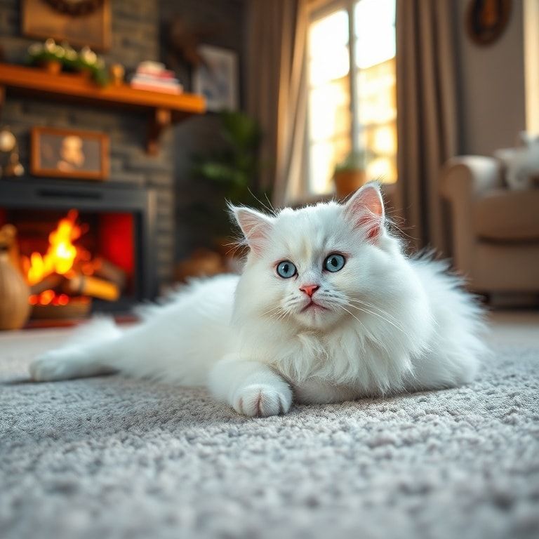 A cute, fluffy long-haired white cat with bright blue eyes, lying on a soft gray carpet in a cozy living room with a warm fireplace in the background. Bathed in warm golden hour sunlight streaming through a nearby window. Highly detailed photorealistic style, serene and cozy atmosphere, 1024x1024 pixels