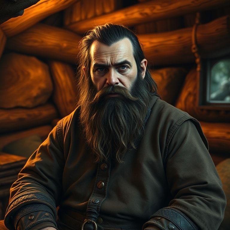 A realistic, photorealistic fantasy dwarf portrait. The dwarf has a thick, dark beard and mustache, a sturdy build, and is wearing a simple leather tunic. He is sitting in a cozy, rustic wooden cabin with warm, golden lighting. The atmosphere is warm and inviting, with a sense of ancient craftsmanship and wisdom. High detail, hyper-realistic style.