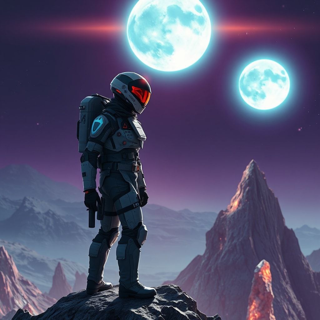 A lone space explorer in a high-tech exosuit stands atop a jagged crystalline ridge on an alien planet, bathed in the eerie glow of twin bioluminescent moons, their helmet visor reflecting the swir...