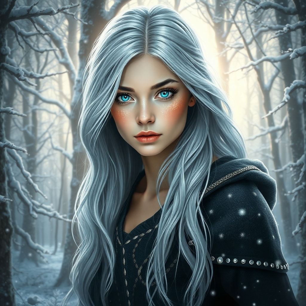 mystical young woman with silver hair and glowing blue eyes stands amidst an ancient, snow-laden forest