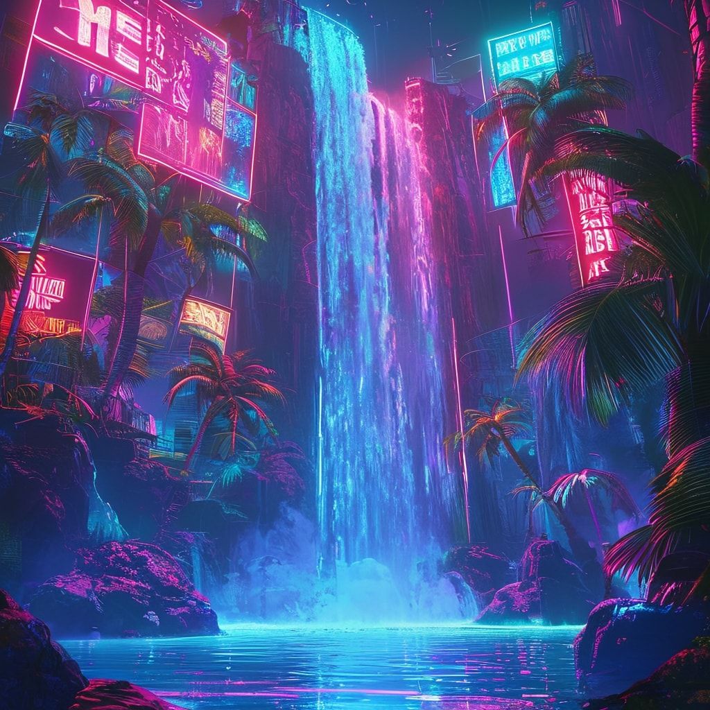 A towering neon-lit waterfall cascades into a bioluminescent lagoon, its mist glowing under the flicker of holographic billboards. Cybernetic palm trees sway in the artificial breeze, their fronds ...