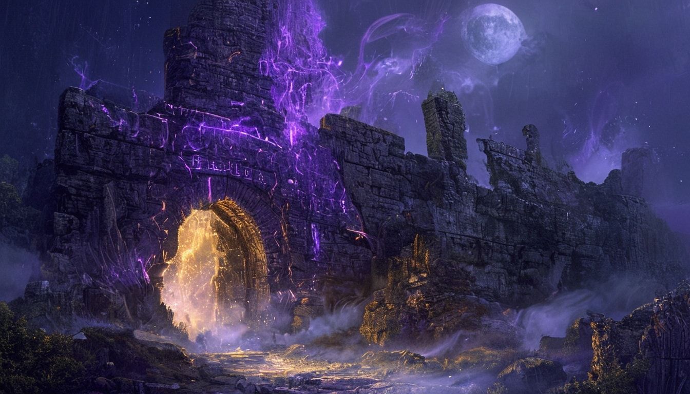 A towering, crumbling stone archway in a moonlit abandoned castle, glowing with swirling violet and gold runes, reveals a shimmering portal to another realm. Ethereal mist curls around ancient ruin...