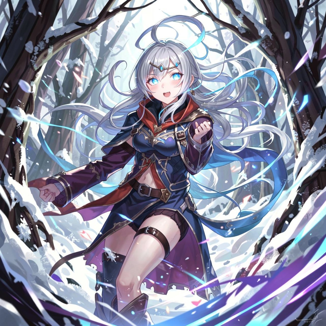mystical young woman with silver hair and glowing blue eyes stands amidst an ancient, snow-laden forest