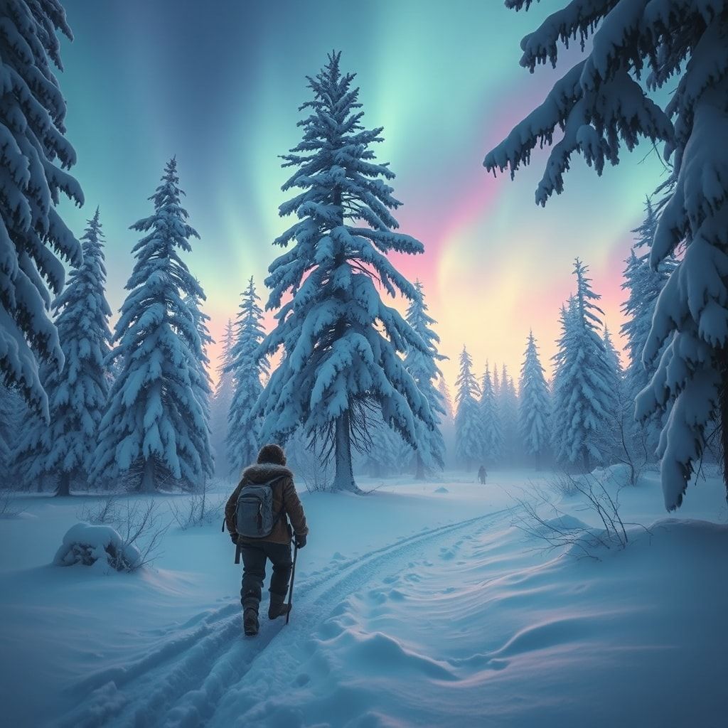 A lone frostbitten traveler in tattered furs trudges through a snow-laden forest at dusk, their breath visible in the crisp air, as ethereal auroras dance above towering ice-covered pines, casting ...