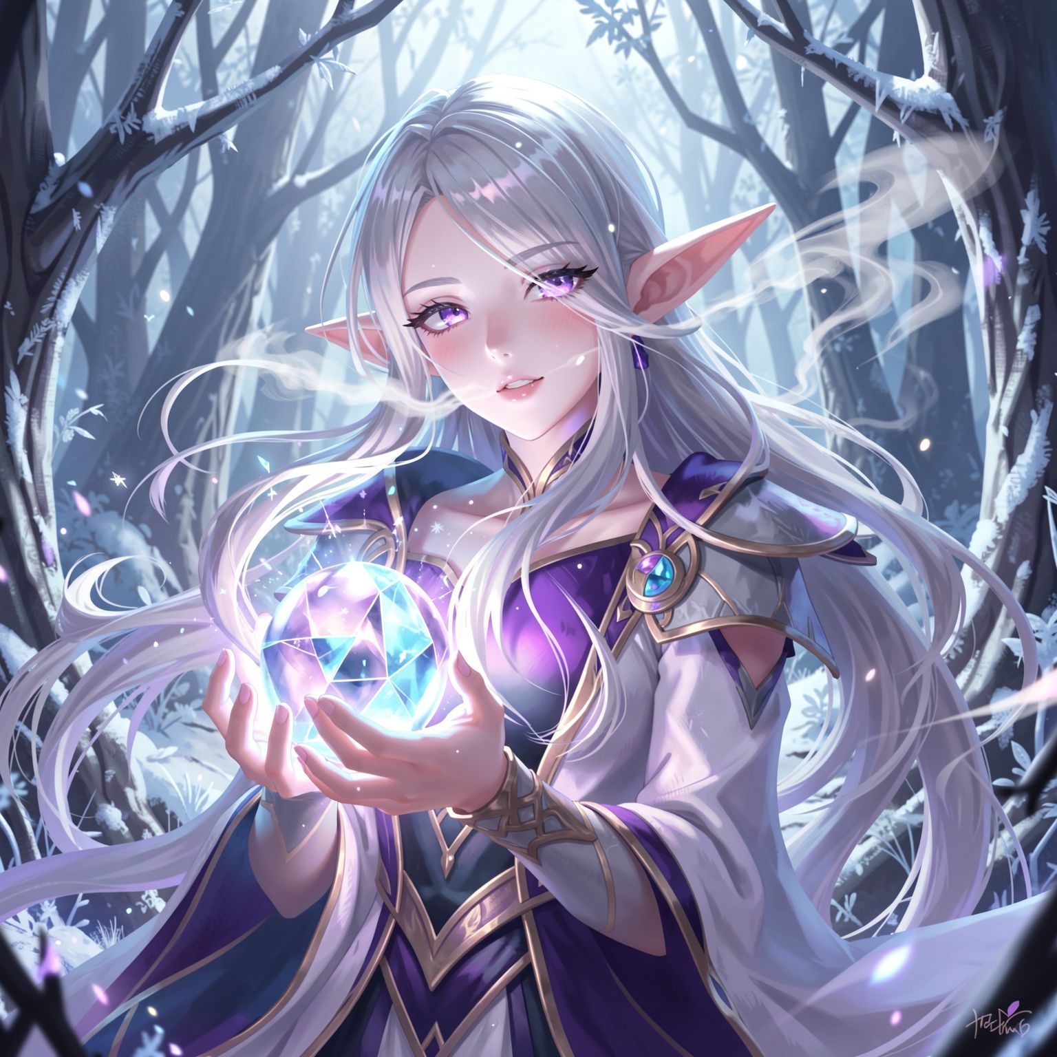 A delicate elven maiden with silver hair and luminous violet eyes stands poised in a frost-kissed enchanted forest, her breath visible in the crisp air as she gently cradles a glowing crystal orb. ...