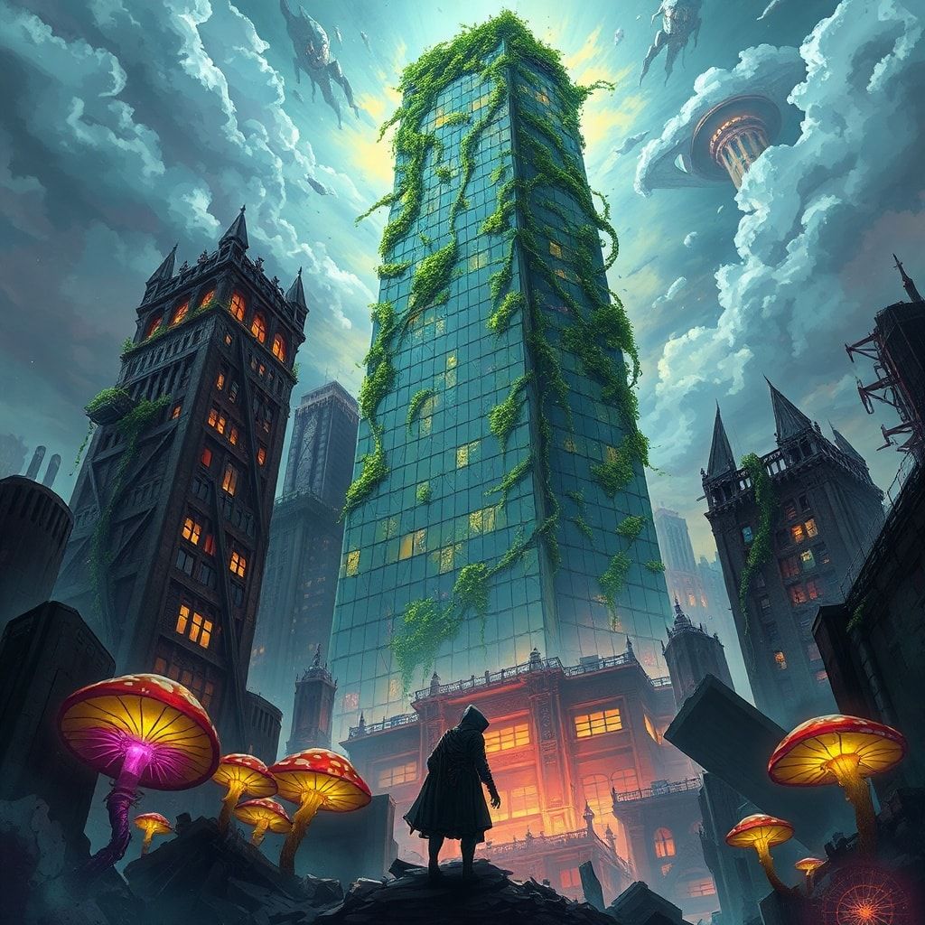 A towering, vine-choked skyscraper looms over a fractured metropolis, its glass panes shattered like dragon scales, while bioluminescent fungi pulse in the ruins below. A lone, hooded figure stands...