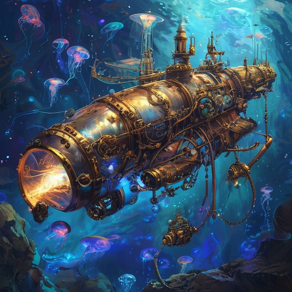 A majestic steampunk submarine glides through the deep ocean, its brass and copper hull gleaming under the soft glow of bioluminescent jellyfish. The intricate gears and pipes of the vessel are ill...