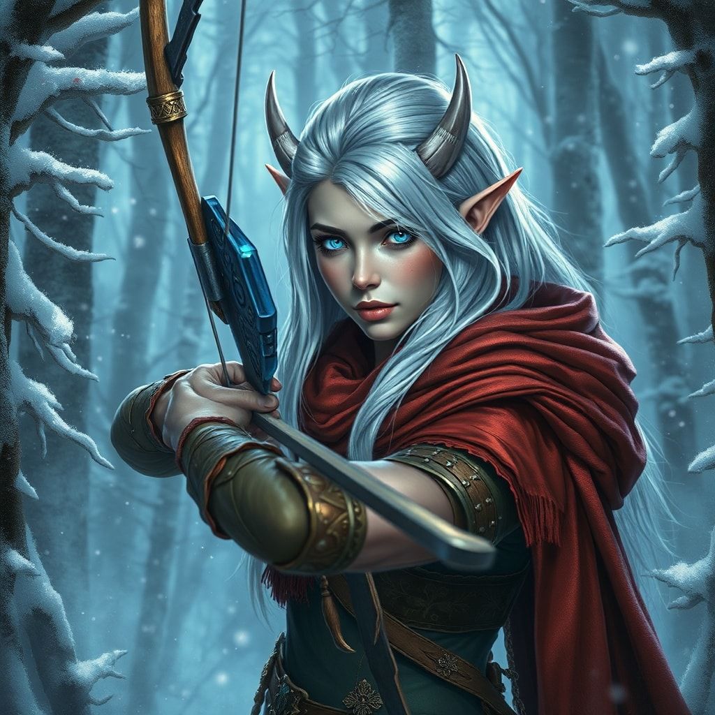 mystical young woman elf with silver hair and glowing blue eyes stands amidst an ancient, snow-laden forest, elven archer