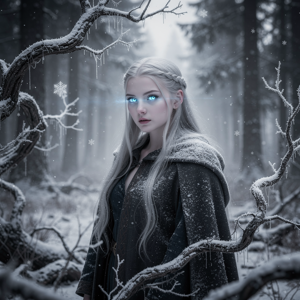 mystical young woman with silver hair and glowing blue eyes stands amidst an ancient, snow-laden forest