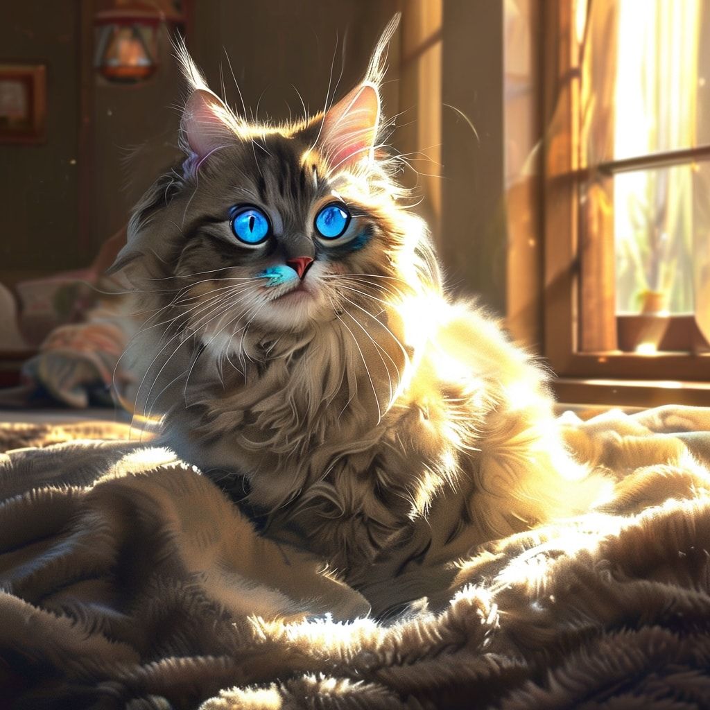 A cute, fluffy cat with bright blue eyes, sitting on a soft blanket in a cozy living room with warm sunlight streaming through a window, photorealistic style, high quality, detailed fur texture, 1024x1024 pixels