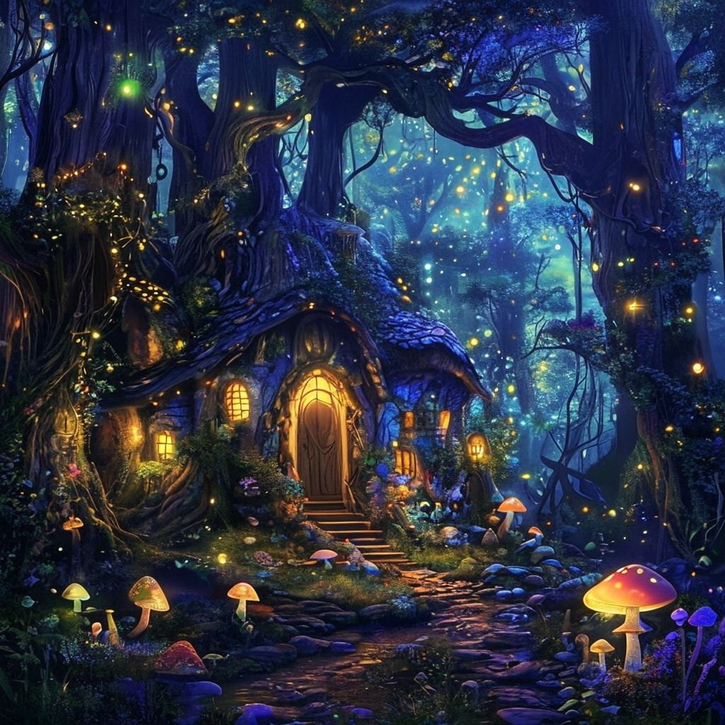 A whimsical fairy tale cottage nestled deep within an enchanted forest, glowing with soft bioluminescent mushrooms and fireflies, surrounded by towering ancient trees with twisted roots. The cottag...