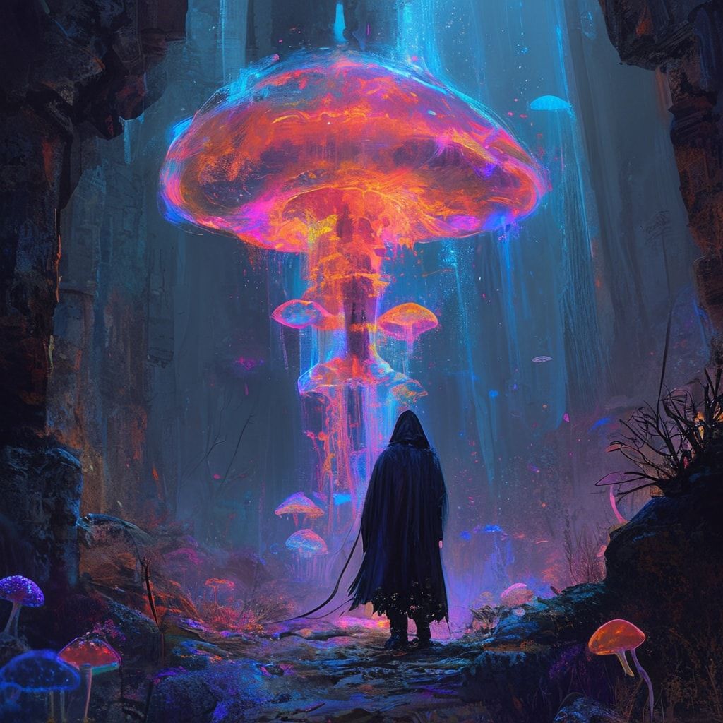 bioluminescent fungi pulse in the ruins below. A lone, hooded figure stands...