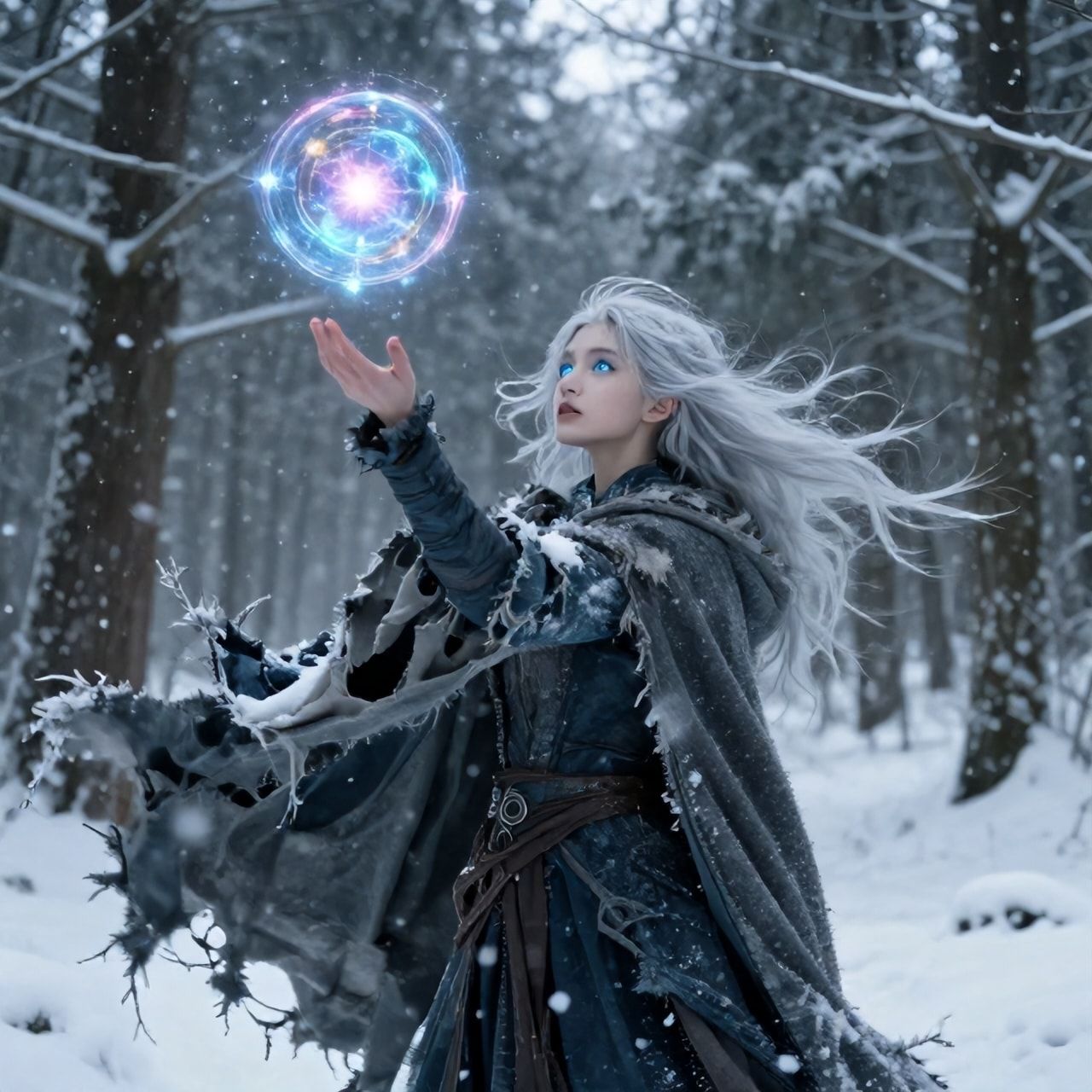 A mystical young woman with silver hair and glowing blue eyes stands amidst an ancient, snow-laden forest, her tattered cloak billowing in the icy wind as she gazes at a floating orb of ethereal li...