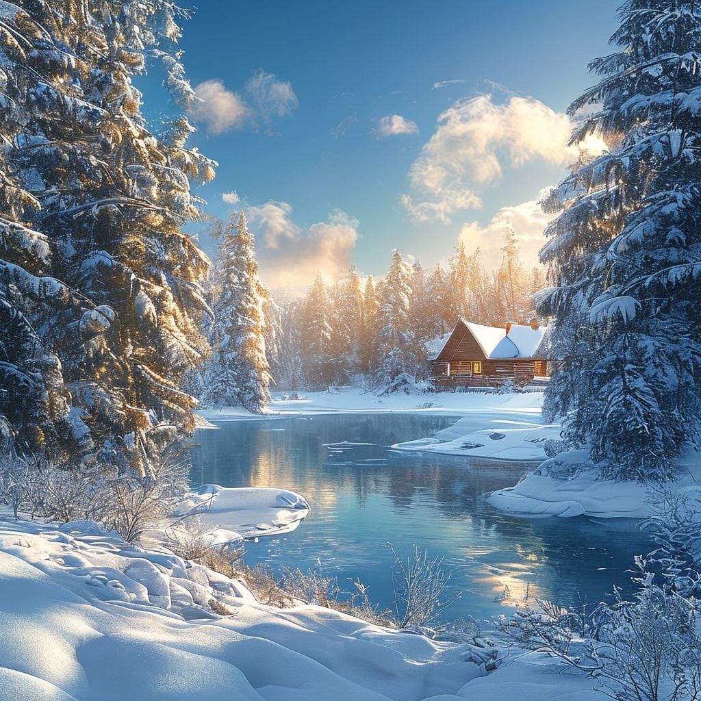 A breathtaking winter landscape featuring a frozen lake surrounded by snow-covered evergreen trees. In the distance, a cozy wooden cabin with smoke gently rising from its chimney nestles among the trees. The sky is a clear, deep blue, and the low sun casts a warm golden glow over the scene, creating a magical, serene atmosphere. The snow on the ground and trees is detailed with crisp, photorealistic texture, emphasizing the cold, fresh air. The composition is balanced, with the lake leading the eye toward the cabin, evoking a sense of peaceful solitude and winter wonder. Photorealistic style, high detail, vibrant colors, natural lighting.