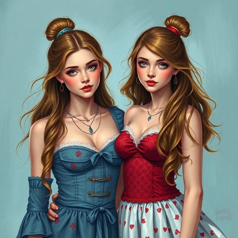 2 девушки 16 лет с ростом 100 галактик имеют худые талии ,у них гигантская грудь и одна девушка стоит под второй так ,что ее гигантская декольте лежит на голове первой девушки и они сексуальные корейки