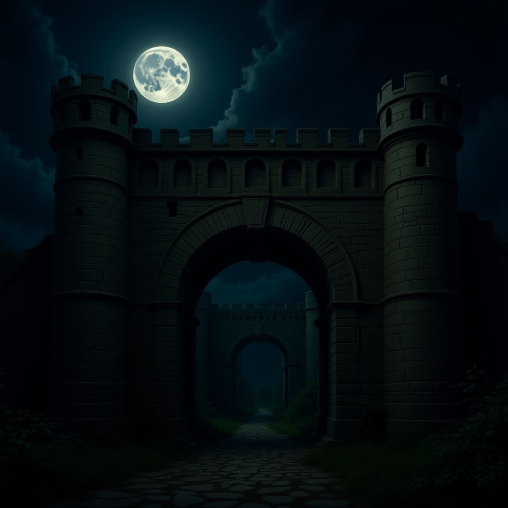 A towering, crumbling stone archway in a moonlit abandoned castle