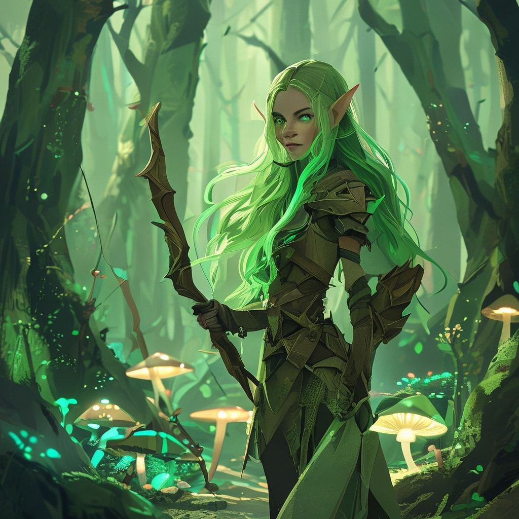 A forest elf with long, flowing green hair and pointed ears, dressed in natural, earth-toned low-poly armor, holding a detailed, low-poly bow in her right hand. She stands in a mystical, ancient forest with towering, low-poly trees and glowing bioluminescent mushrooms on the ground. The scene is rendered in a stylized, minimalist low-poly art style with a fantasy aesthetic, soft lighting, and a magical, otherworldly atmosphere.