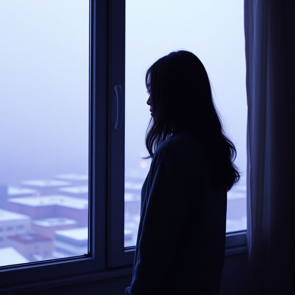 A girl stands inside a quiet room, facing away, looking out through a window. Outside, a foggy February winter unfolds — light snowfall drifts slowly through the air, and the sky glows with soft violet and muted purple tones. The city beyond the glass feels distant and blurred by mist. Cold winter light enters the room gently, casting subtle shadows. The atmosphere is calm, introspective, and emotional, capturing a moment of stillness and inner change. Cinematic composition, soft diffused lighting, shallow depth of field, cool color palette with violet accents, misty winter mood, realistic textures, gentle film grain, intimate and poetic atmosphere, like a scene from a quiet winter film.