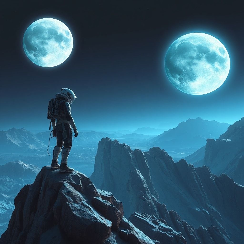 A lone space explorer in a high-tech exosuit stands atop a jagged crystalline ridge on an alien planet, bathed in the eerie glow of twin bioluminescent moons, their helmet visor reflecting the swir...