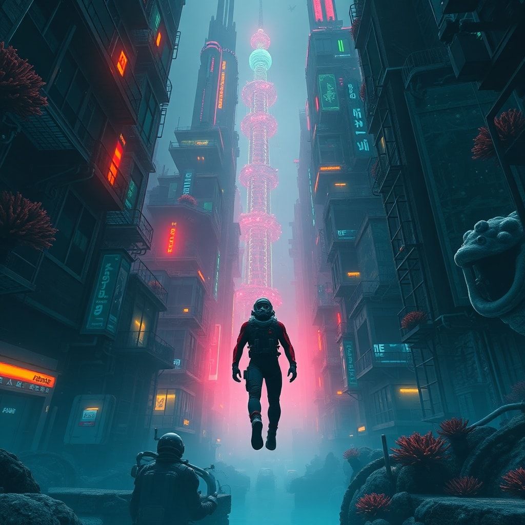 A lone deep-sea explorer in a high-tech diving suit navigates through the labyrinthine streets of an abandoned underwater metropolis, where towering coral skyscrapers pulse with an eerie biolumines...
